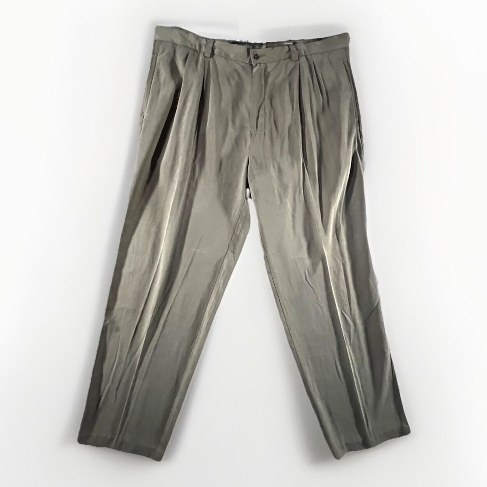 Tommy Bahama Pleated Trousers Mens 42x30 Olive Green 100% Silk Relaxed Fit Pant